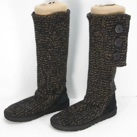 UGG VTG y2k Classic Cardy Black Gold Metallic Tall Button Knit Boots - Picture 3 of 9